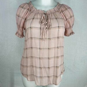Perch by Blu Pepper 2XL pink plaid peasant blouse with smocked neckline